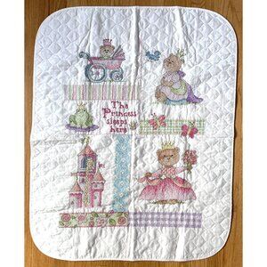 Baby Quilt Blanket "The Princess Sleeps Here" Hand Cross Stitched - Darling!